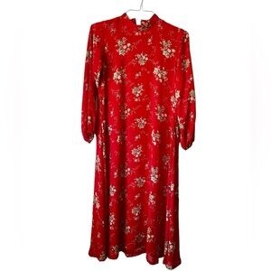 Women’s Modest Red Floral High Collared Long Sleeves Formal Maxi Dress L
